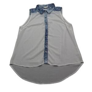 EM Shirt Womens White Blue Sleeveless Collared Button Sheer High Low Hem